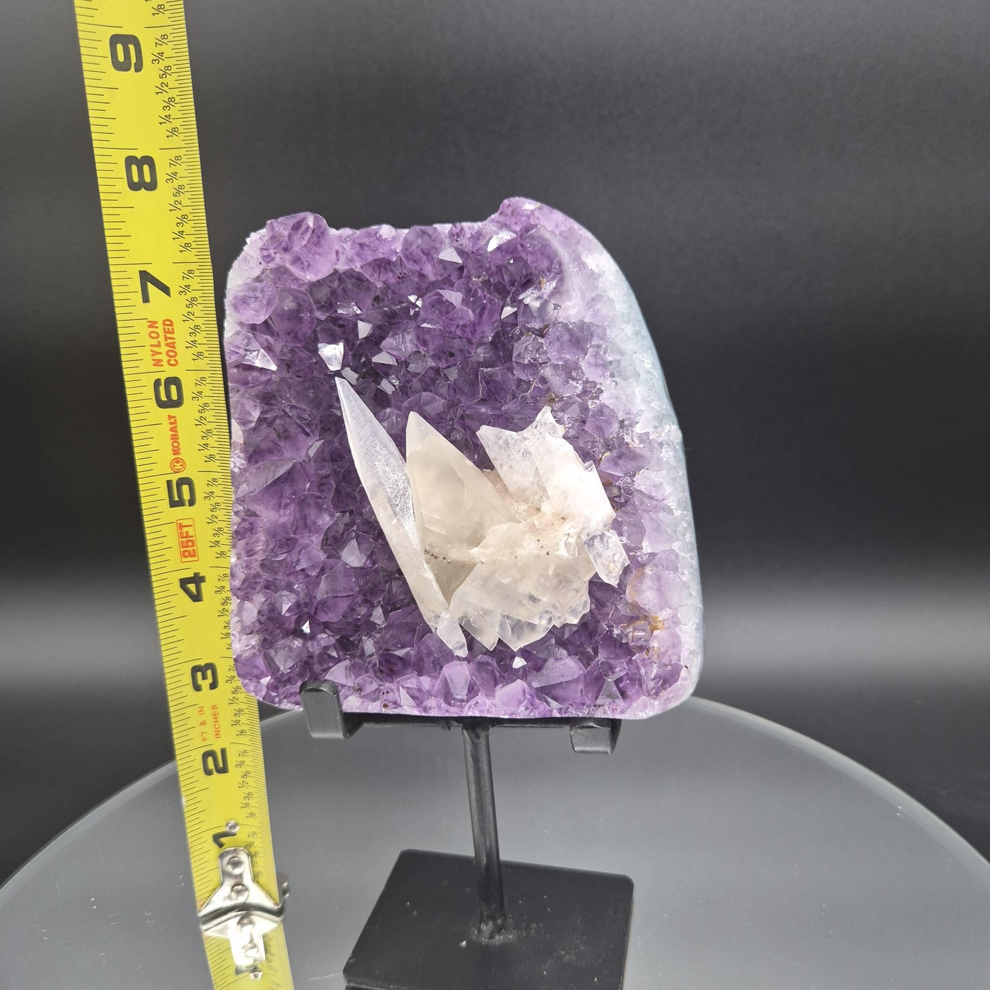 Super Rare Amethyst with Double-Terminated Transparent & Sugar Calcite | 7.5 x 4.5in | 2 lb Free-Form Crystal on Stand | UV Reactive Crystal Hoarder
