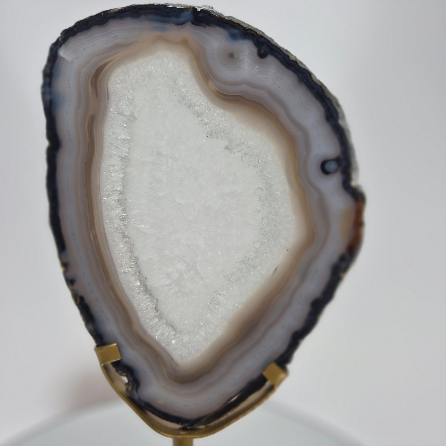 Clear Quartz Crystal with Banded Agate Slice on Stand, Translucent Brazilian Mineral Specimen Crystal Hoarder