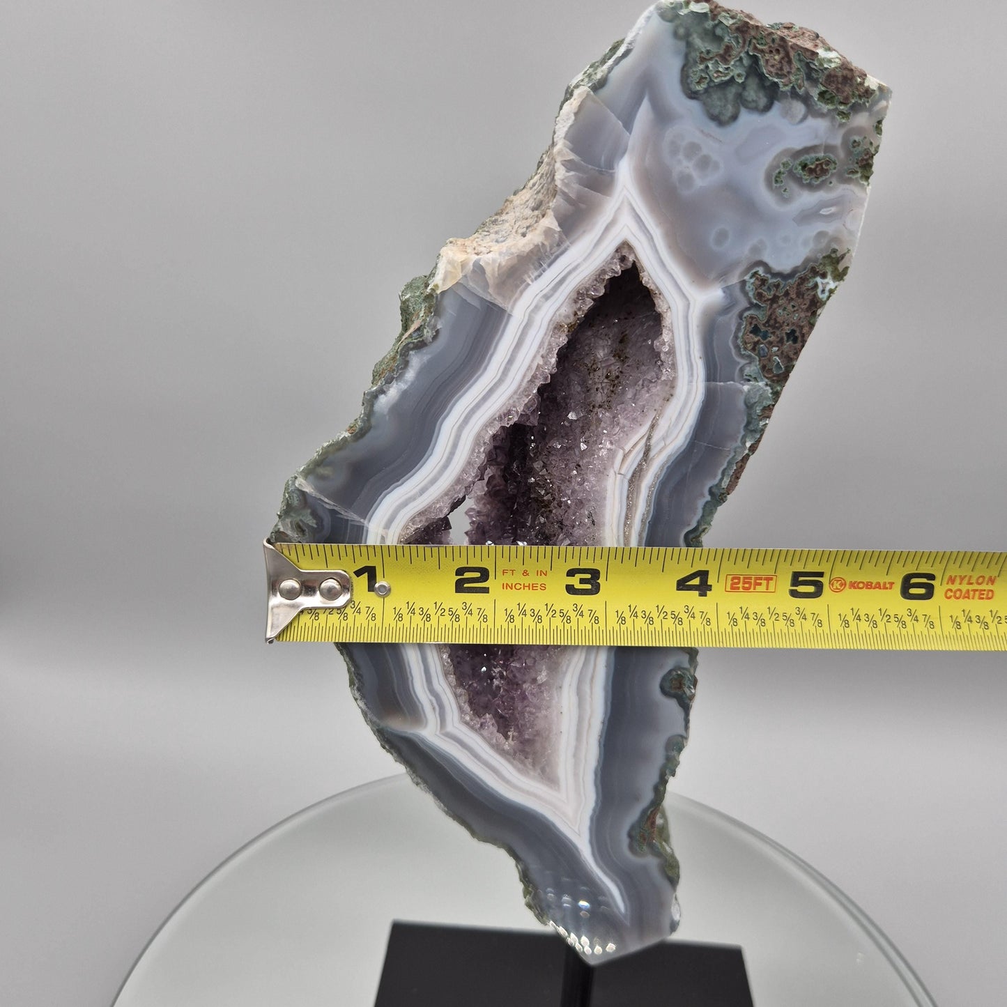 AAA+ Amethyst with Blue Banded Agate on Stand - Brazilian Amethyst Specimen with Natural Window - 13in Tall Crystal Display - 4.85 lbs Crystal Hoarder