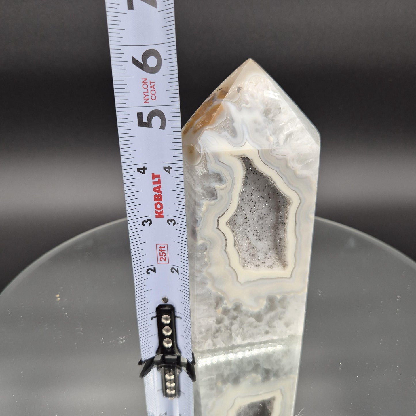 AAA+ Banded Agate Tower with Druzy Black Hematite & Quartz - 6 x 3.25in, 2.62 lbs - Brazilian Crystal, Healing Decor Crystal Hoarder