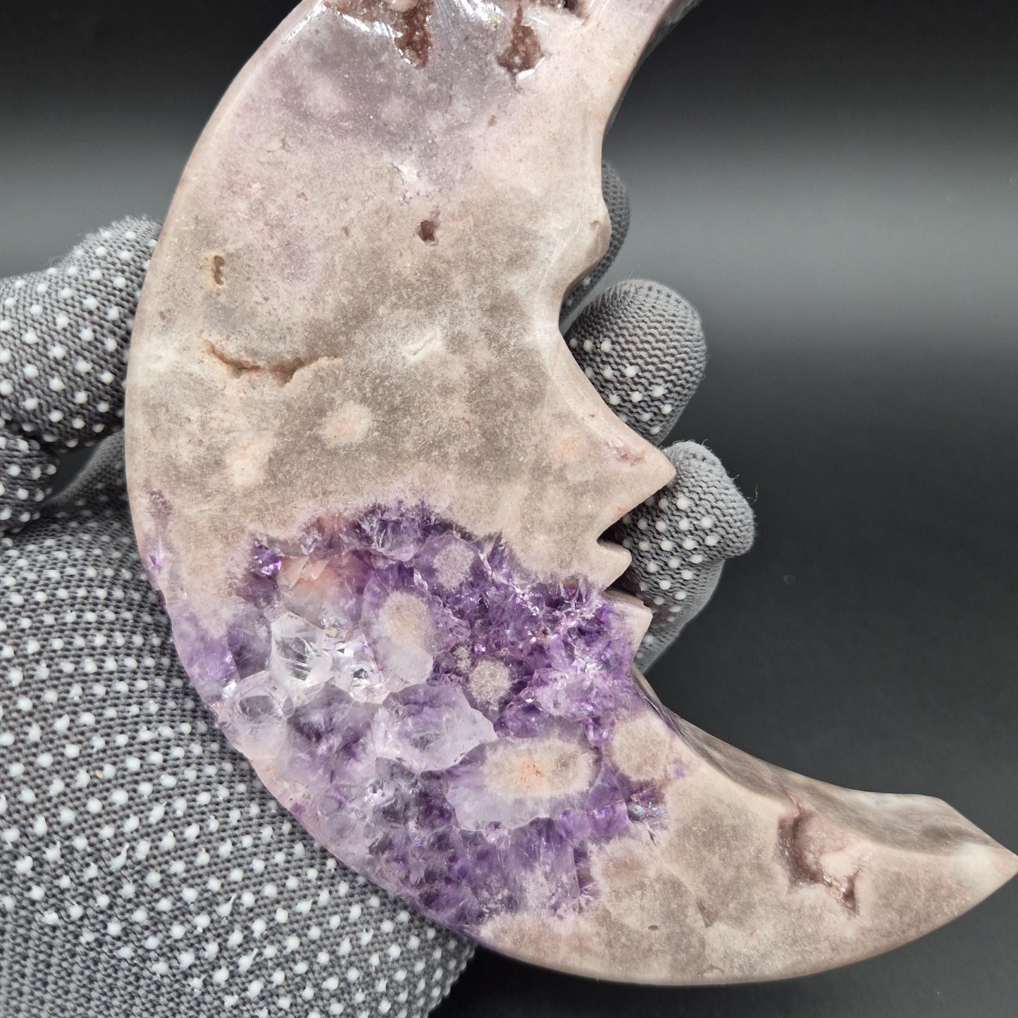AAA+ Druzy Pink & Purple Amethyst Moon Face Carving | Brazilian Crystal Display | 1.15 lbs Crystal Hoarder