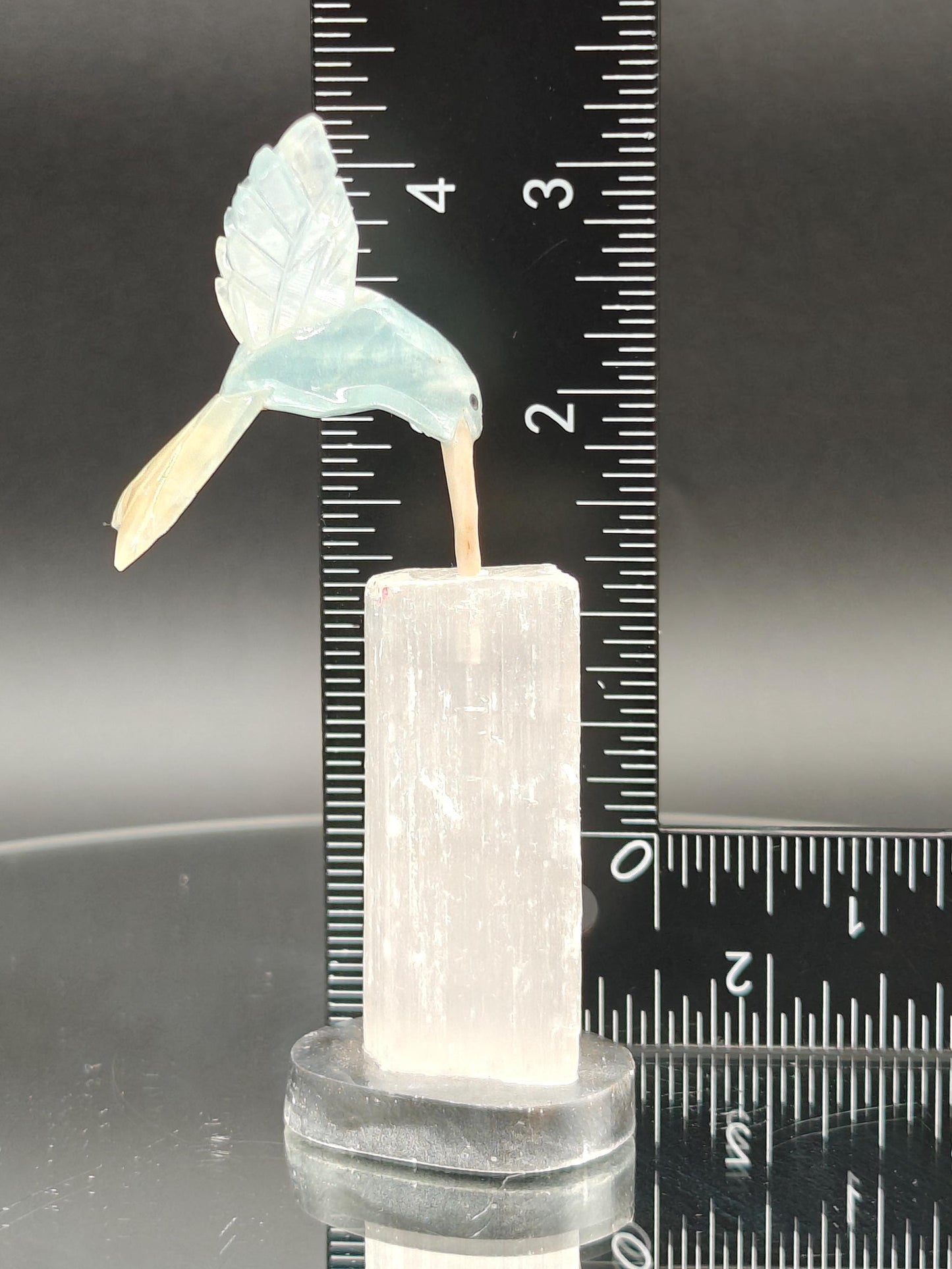 Blue Onyx Hummingbird on Satin Spar (Selenite Gypsum) - Hand Carved Brazil, 4 oz, 4 x 1in Crystal Hoarder