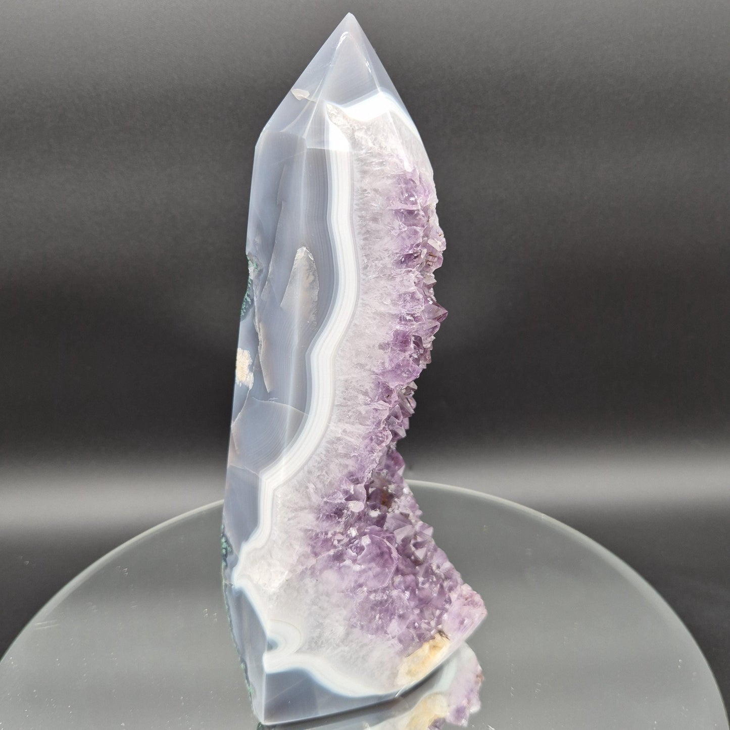 AAA+ Fully Polished Amethyst with Blue Banded Agate and Calcite - Brazil Specimen - 9.5 x 4in - 4.57 lbs - Collector Display Crystal Hoarder