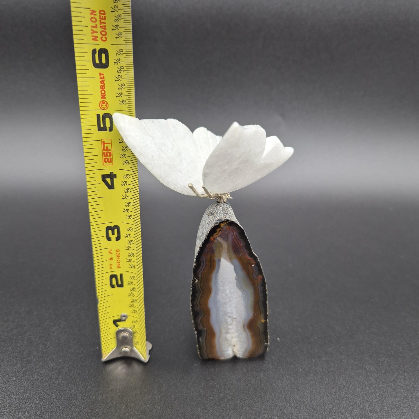 Snow Quartz Butterfly on Banded Agate Base - Brazil Crystal Butterfly Carving - Natural Quartz & Agate Display - 5" x 3" | 0.52 lbs