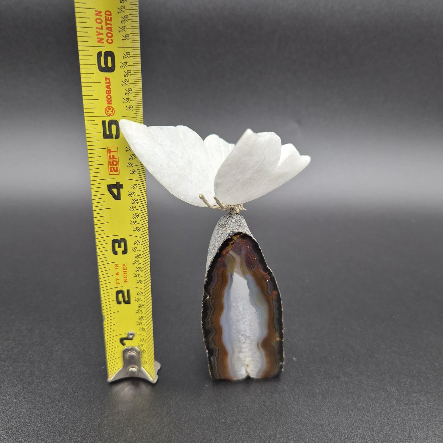 Snow Quartz Butterfly on Banded Agate Base - Brazil Crystal Butterfly Carving - Natural Quartz & Agate Display - 5 x 3in | 0.52 lbs Crystal Hoarder