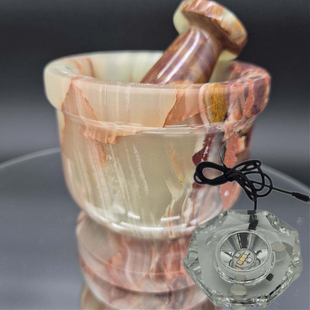 4 x 4 in Green Onyx Mortar and Pestle - 2.79 lbs - Optional Light-Up Base - Natural Stone Kitchen or Display Piece Crystal Hoarder