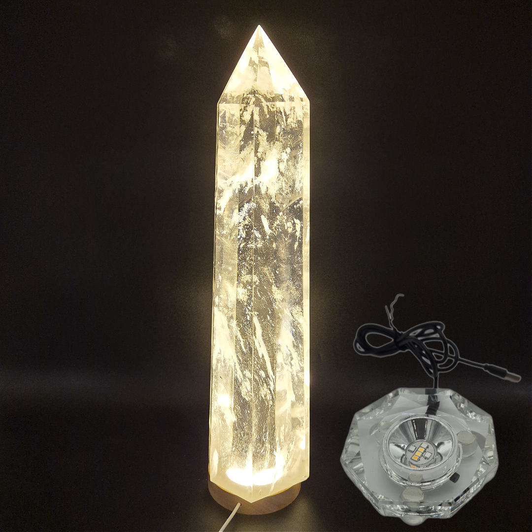 17.5in, 11.65 lbs- Clear Smelt Quartz Tower with White Cloud Inclusions - Man Made Quartz Obelisk - Optional LED Light Base Crystal Hoarder