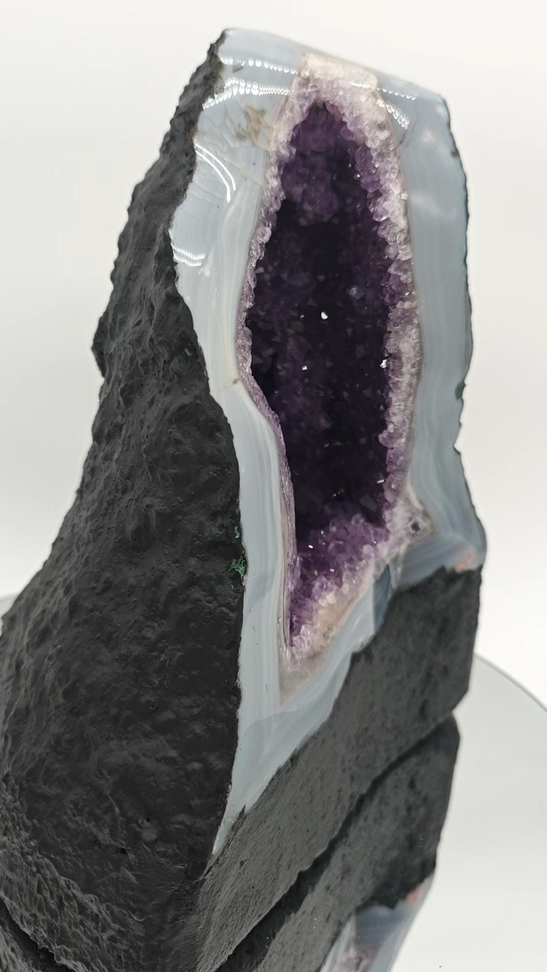 AAA+ Twisting Amethyst Cathedral with Blue Banded Agate Druzy - Brazilian Amethyst Geode - 11.93 lbs Crystal Hoarder