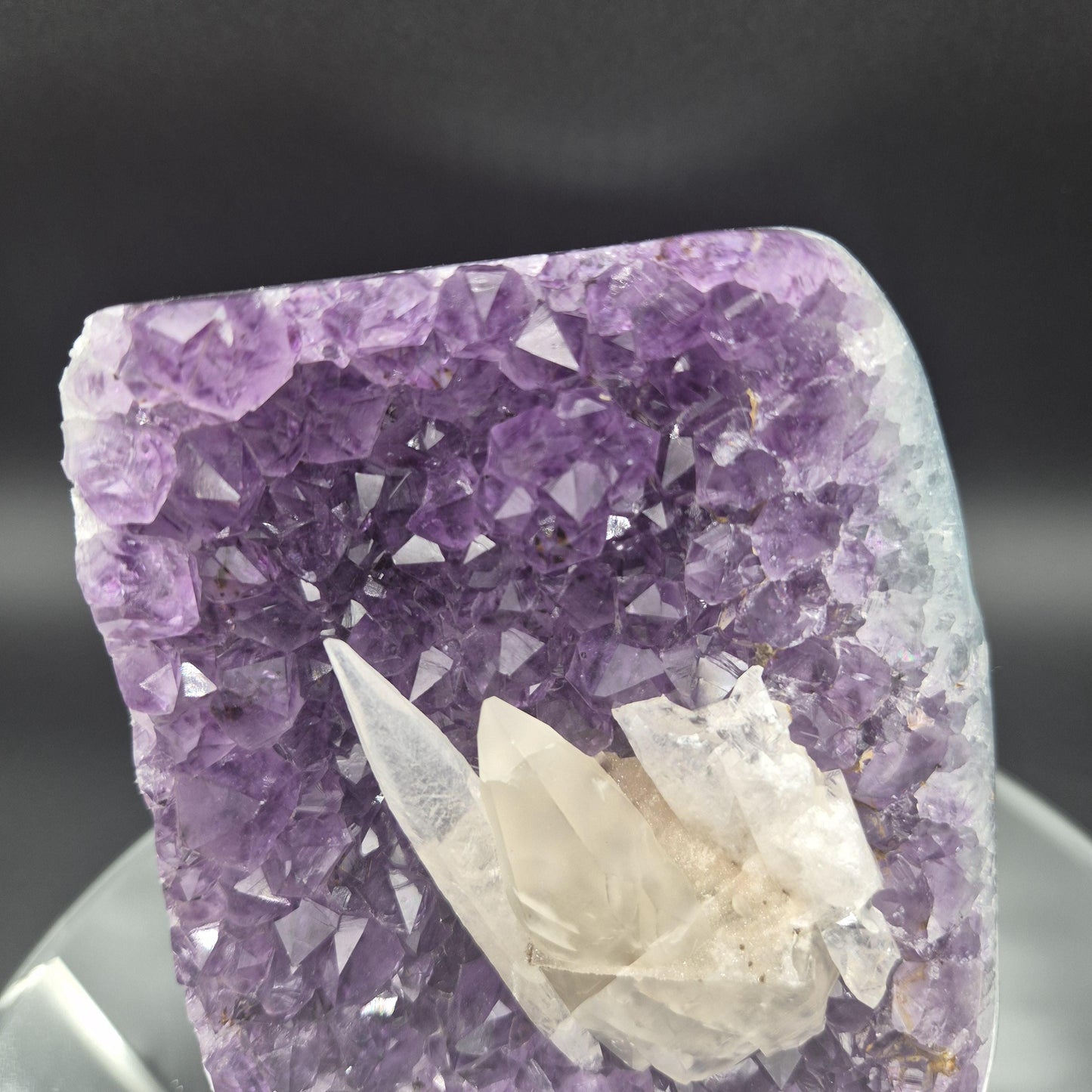 Super Rare Amethyst with Double-Terminated Transparent & Sugar Calcite | 7.5 x 4.5in | 2 lb Free-Form Crystal on Stand | UV Reactive Crystal Hoarder