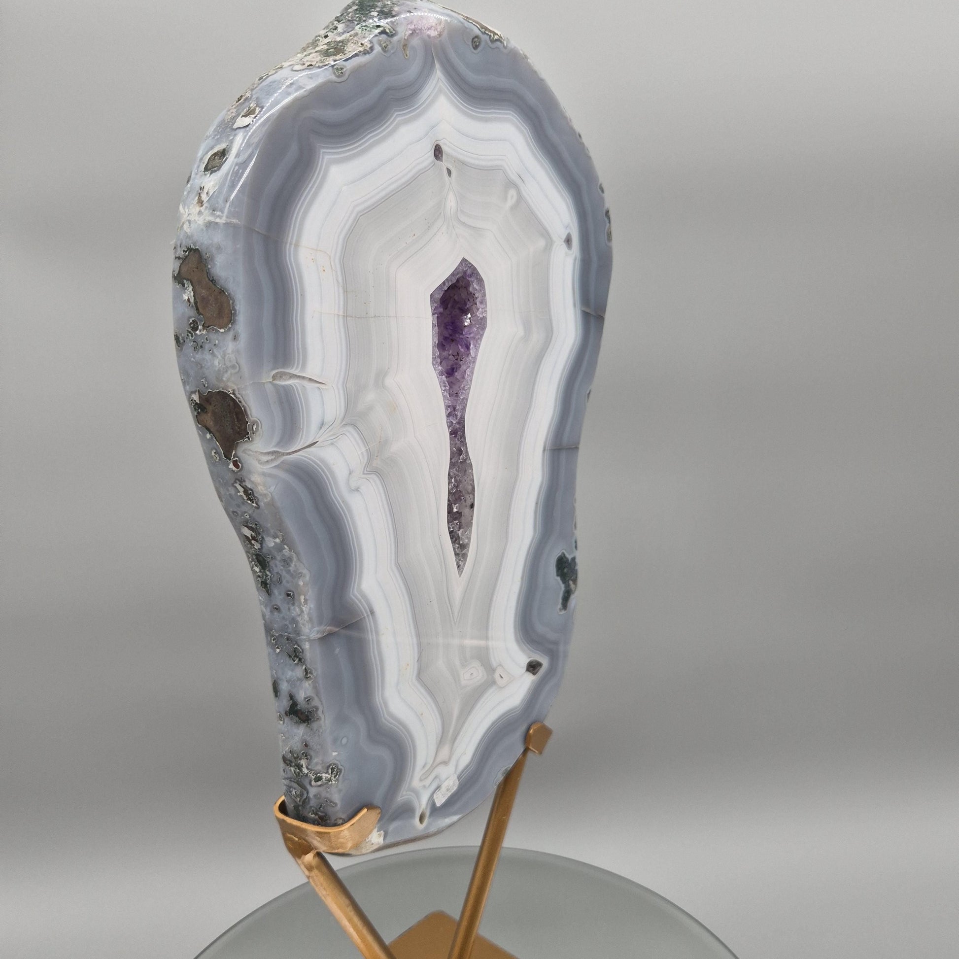 Fully Polished Druzy Amethyst with Blue Banded Agate  - Brazilian Crystal Display - 17in Statement Specimen - 8.18 lbs Crystal Hoarder