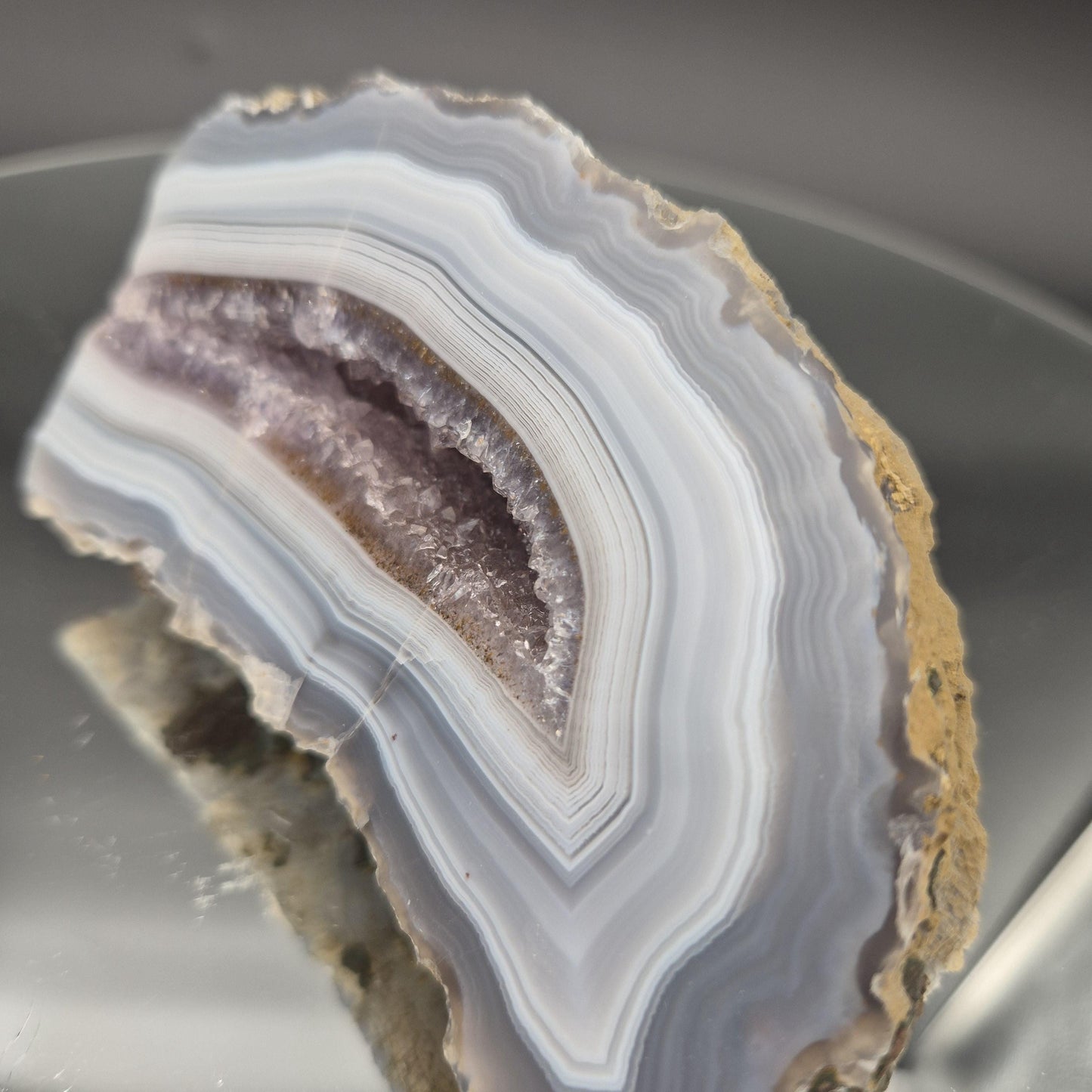AAA+ Amethyst with Blue Banded Agate Cut Base | Brazilian Amethyst Crystal Cluster | 1.03 lbs Crystal Hoarder
