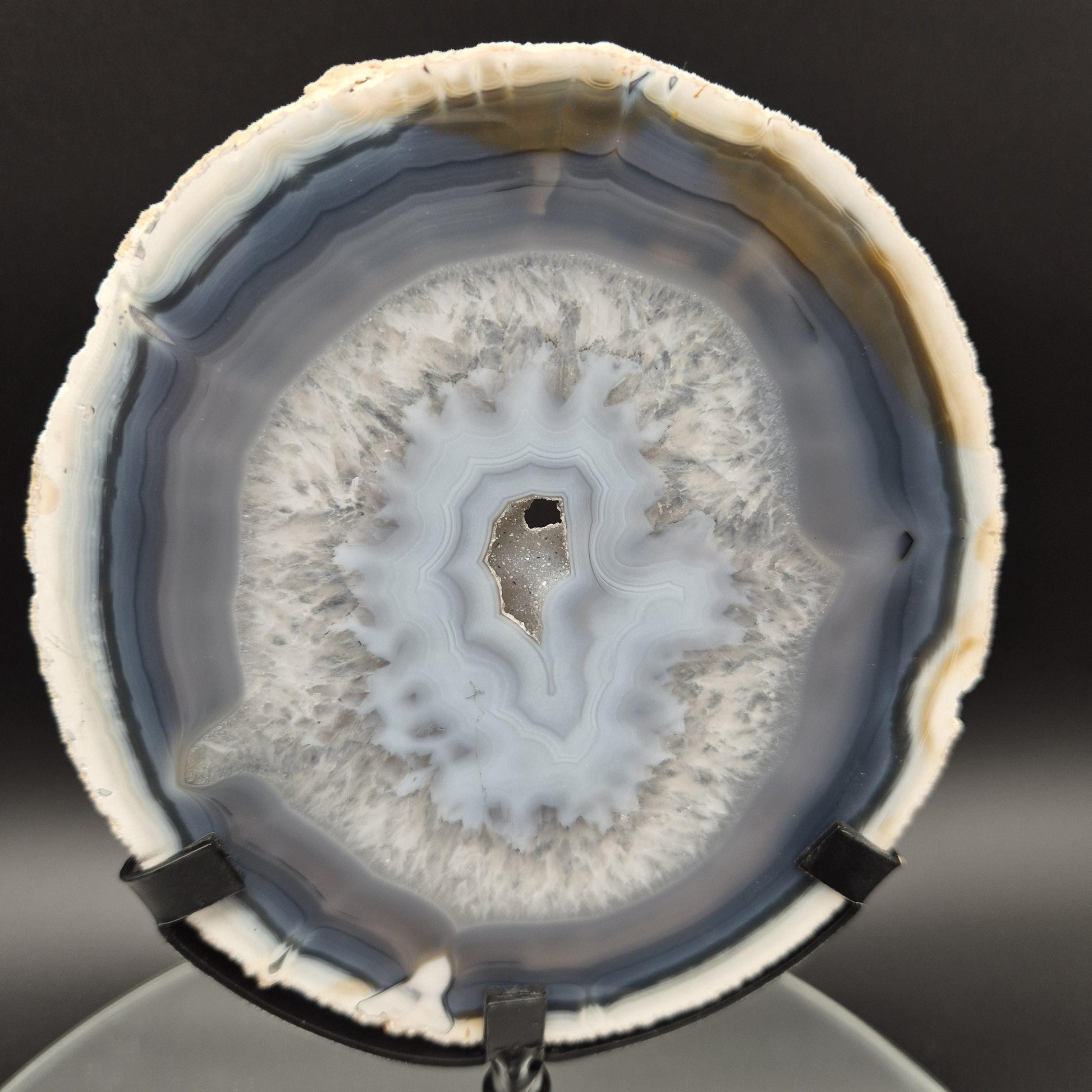 AAA+ Super Rare Druzy White and Dark Blue Agate Slice on Stand Brazil 1.03 lbs Crystal Hoarder