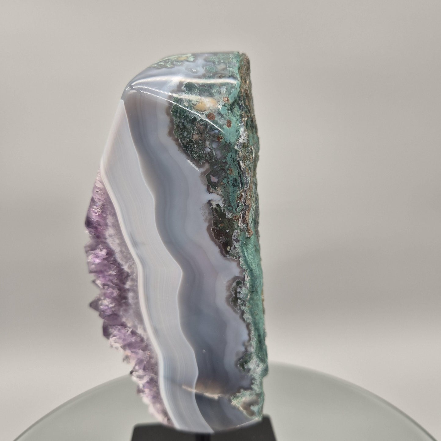 AAA+ Dark Amethyst with Blue Banded Agate - 10 x 5in, 7 lbs - Crystal on Stand, Brazil Crystal Hoarder