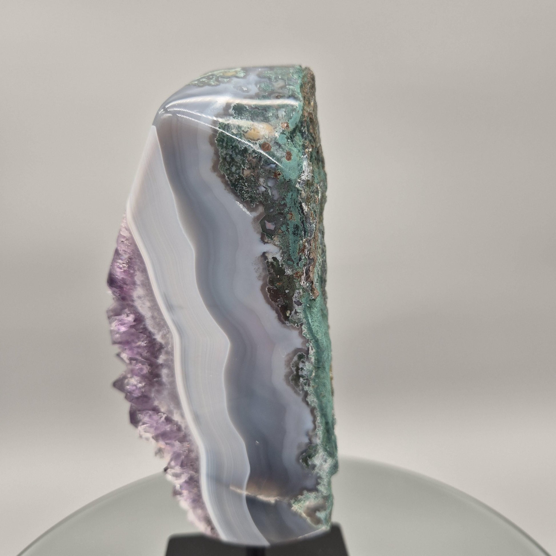 AAA+ Dark Amethyst with Blue Banded Agate - 10 x 5in, 7 lbs - Crystal on Stand, Brazil Crystal Hoarder