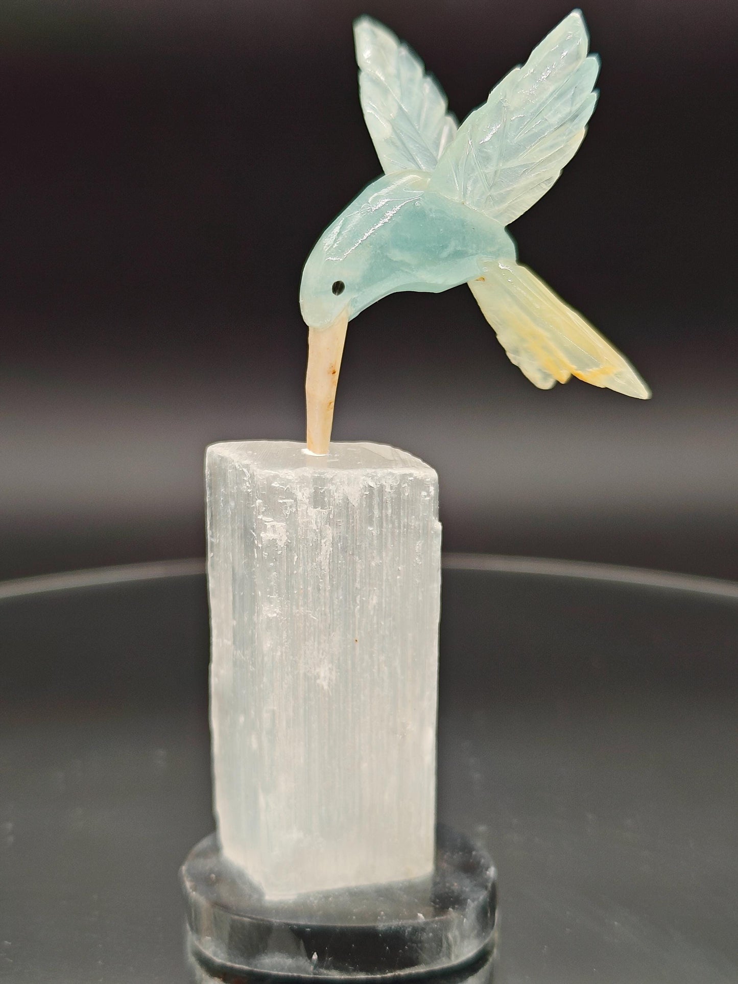 Blue Onyx Hummingbird on Satin Spar (Selenite Gypsum) - Hand Carved Brazil, 4 oz, 4 x 1in Crystal Hoarder