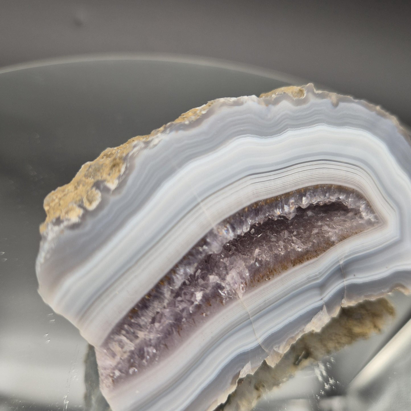 AAA+ Amethyst with Blue Banded Agate Cut Base | Brazilian Amethyst Crystal Cluster | 1.03 lbs Crystal Hoarder
