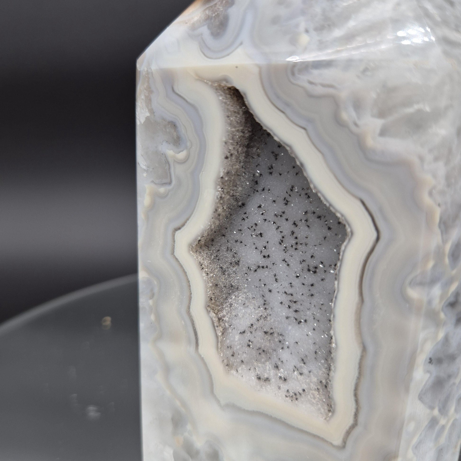 AAA+ Banded Agate Tower with Druzy Black Hematite & Quartz - 6 x 3.25in, 2.62 lbs - Brazilian Crystal, Healing Decor Crystal Hoarder
