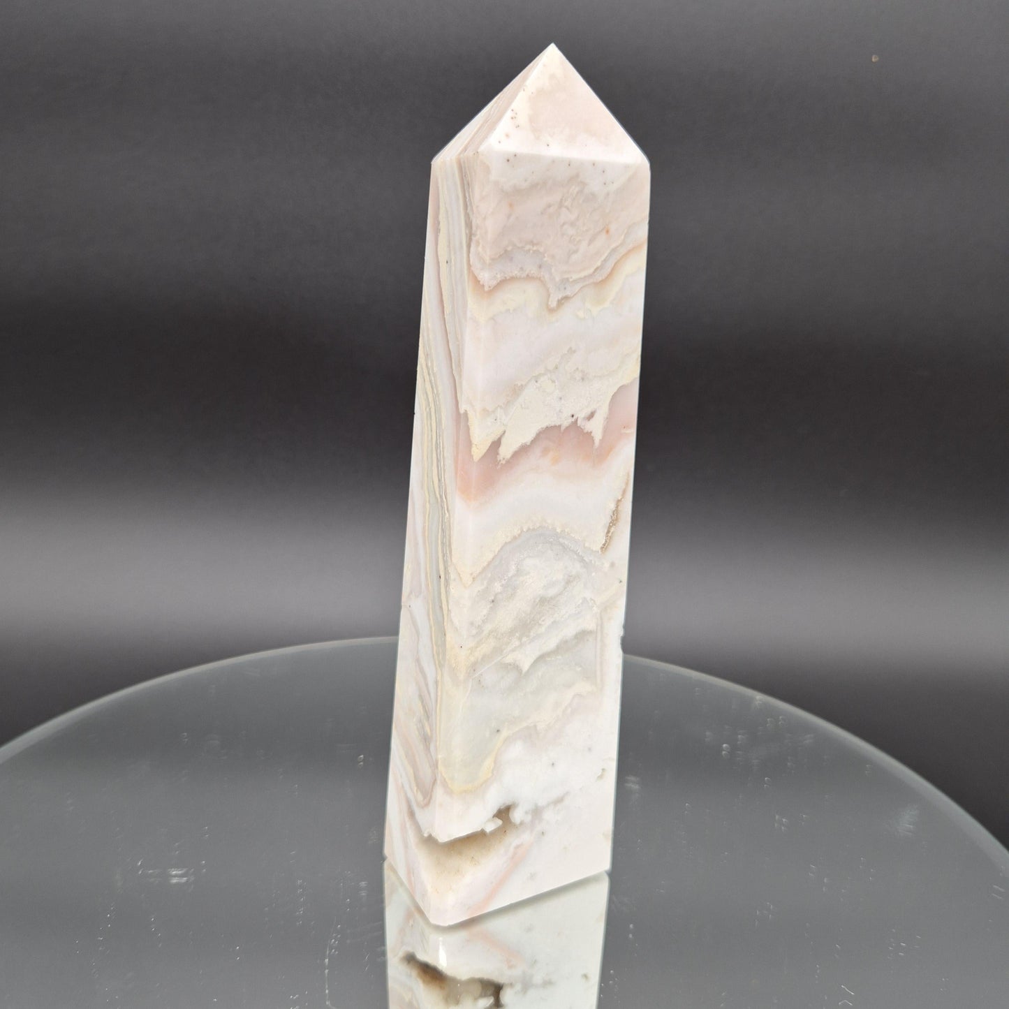 AAA+ Light Pink Crazy Lace Agate Tower with Druzy - 8 x 2in, 1.33 lbs - Natural Crystal Display, Collector Specimen Crystal Hoarder