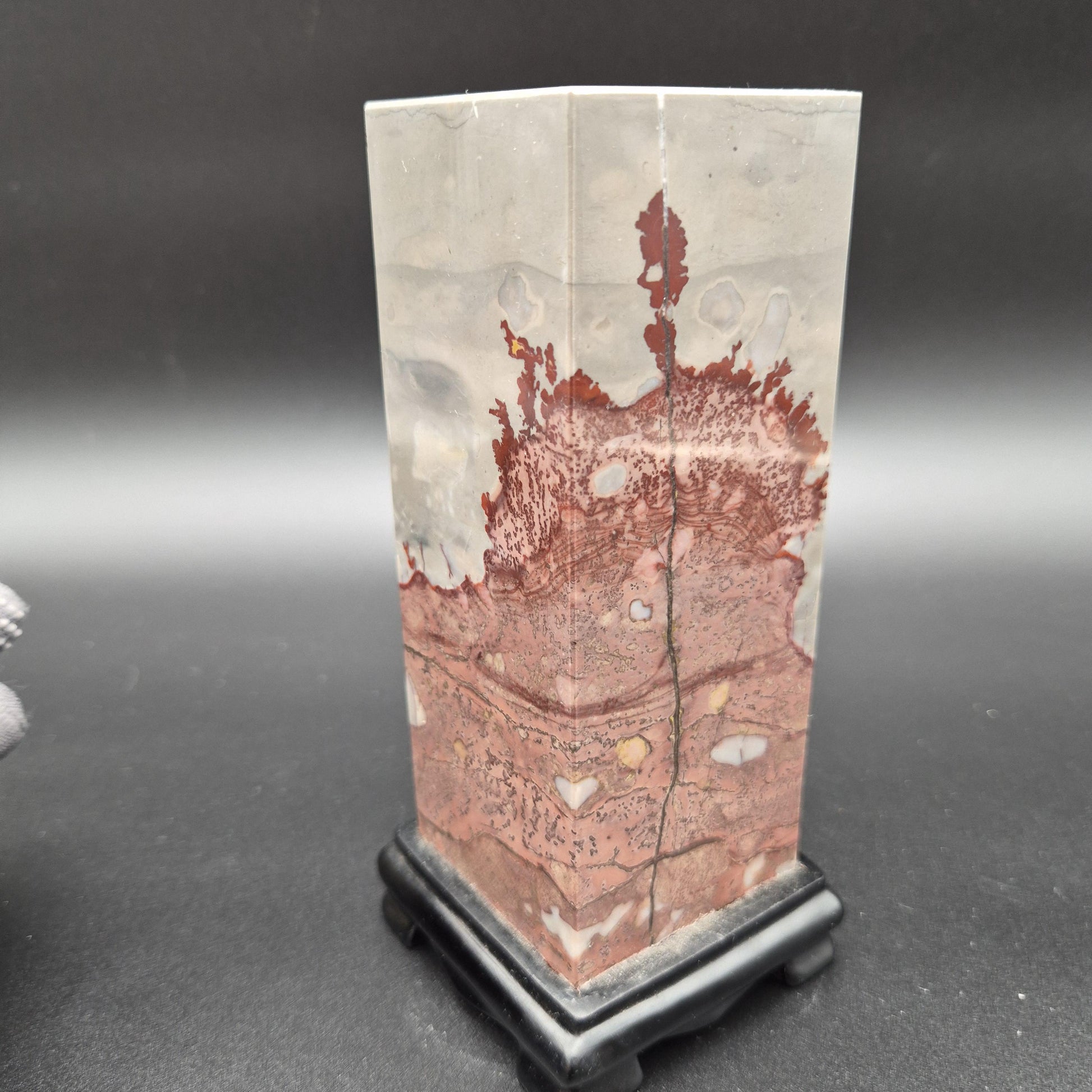 AAA+ Picture Jasper on Wood Base | Gray & Red Natural Scenic Stone Display | 3.58 lbs Crystal Hoarder