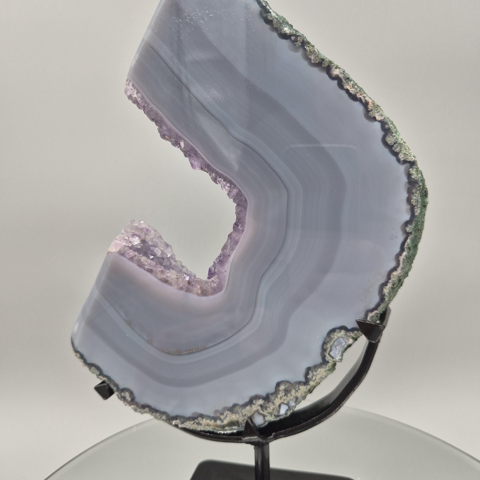 Rare Druzy Amethyst with Blue Banded Agate – Moon Shape – Brazil Crystal Hoarder