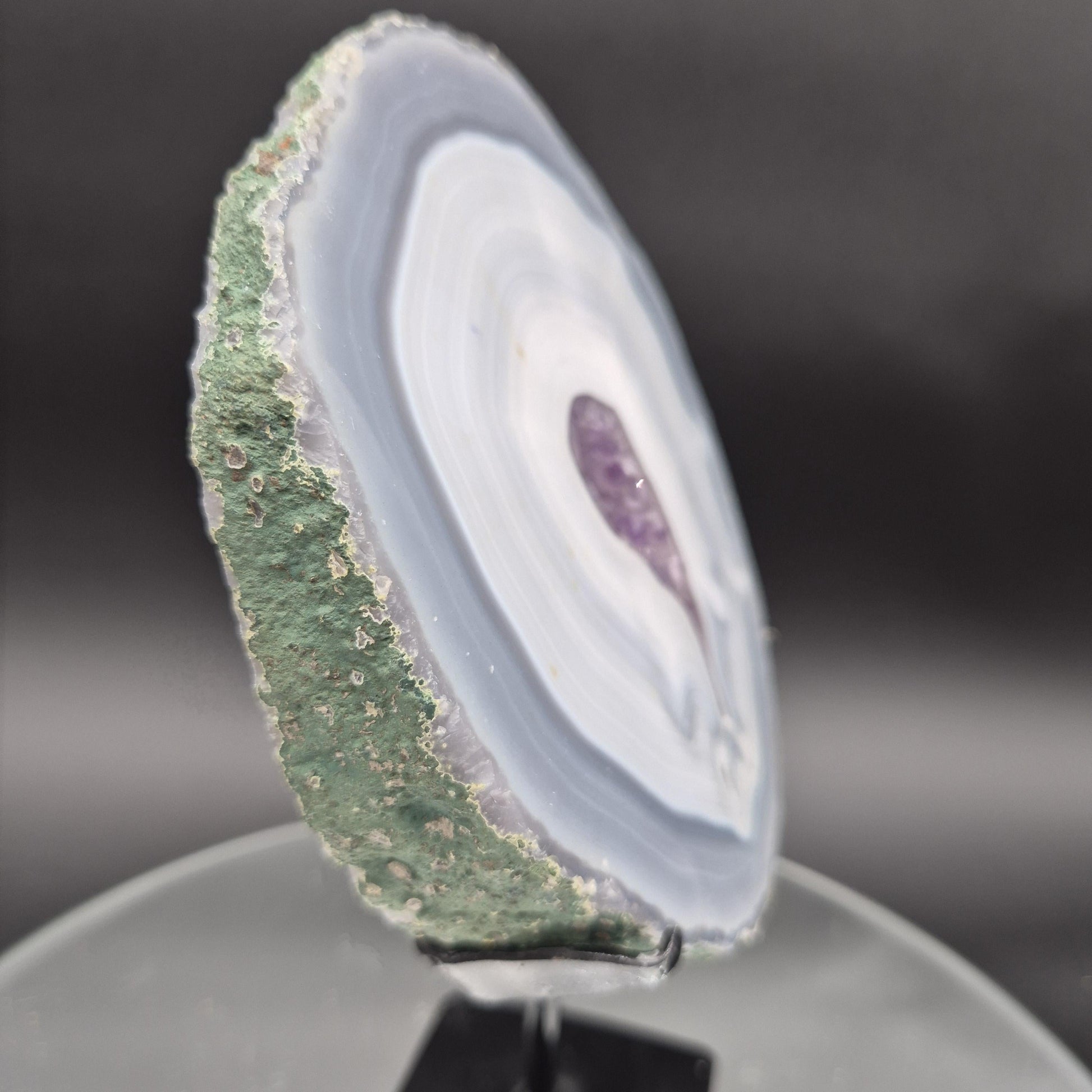 AAA+ Blue Banded Agate with Amethyst on Stand | Brazil Crystal Display | 9 Inch Tall | 2.89 lbs Crystal Hoarder