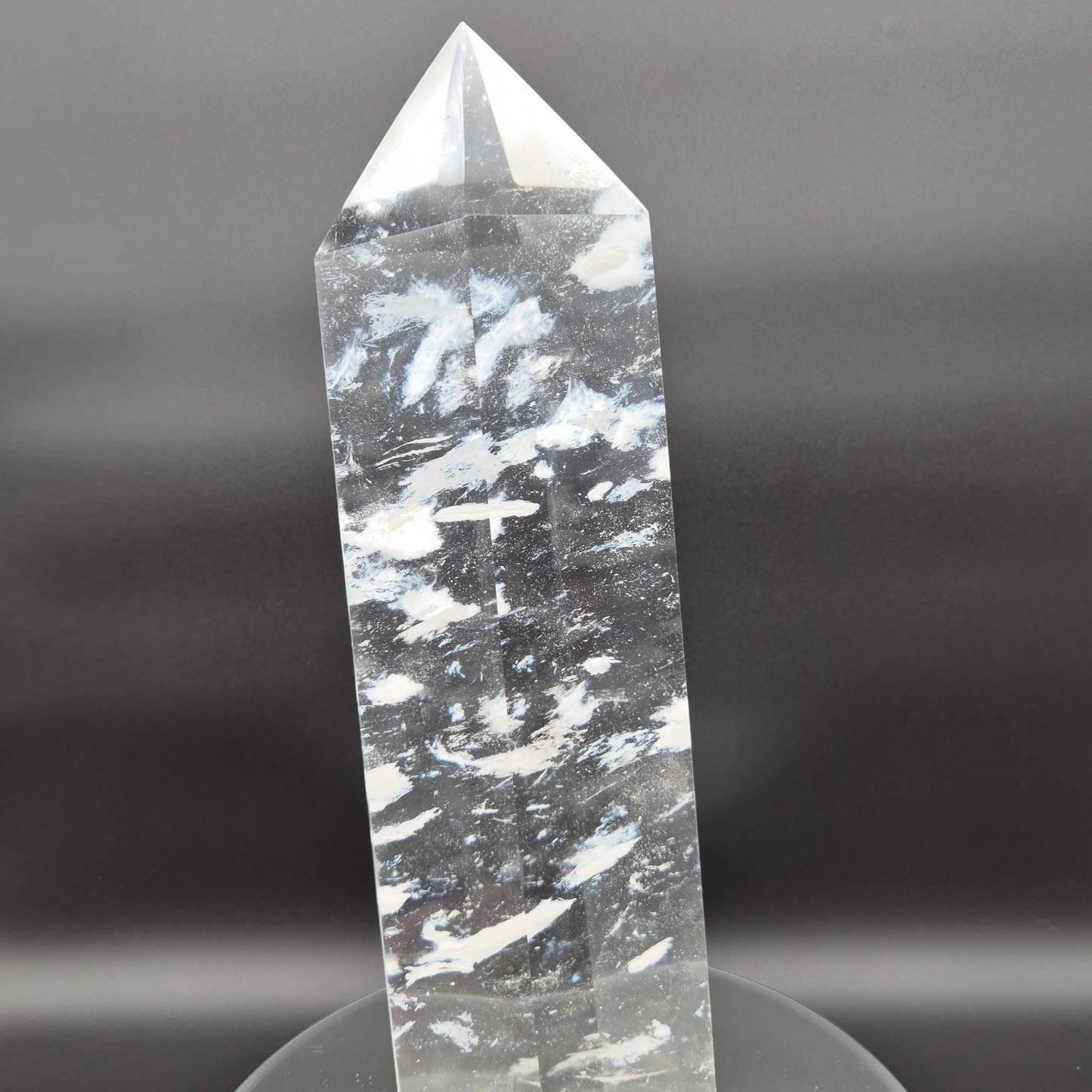 Huge Clear Quartz Tower with White Cloud Inclusions - Man Made Smelted Quartz - 20.79 lbs - 17in x 6in - Optional Light Base Crystal Hoarder