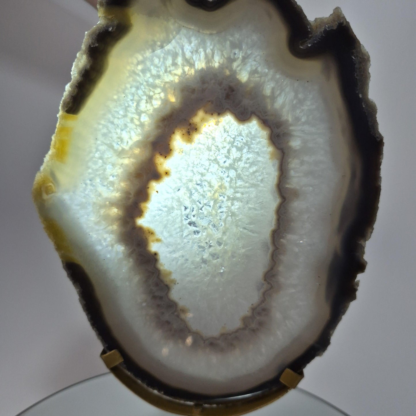 Clear Quartz Crystal with Banded Agate Slice on Stand, Translucent - Brazil Crystal Hoarder