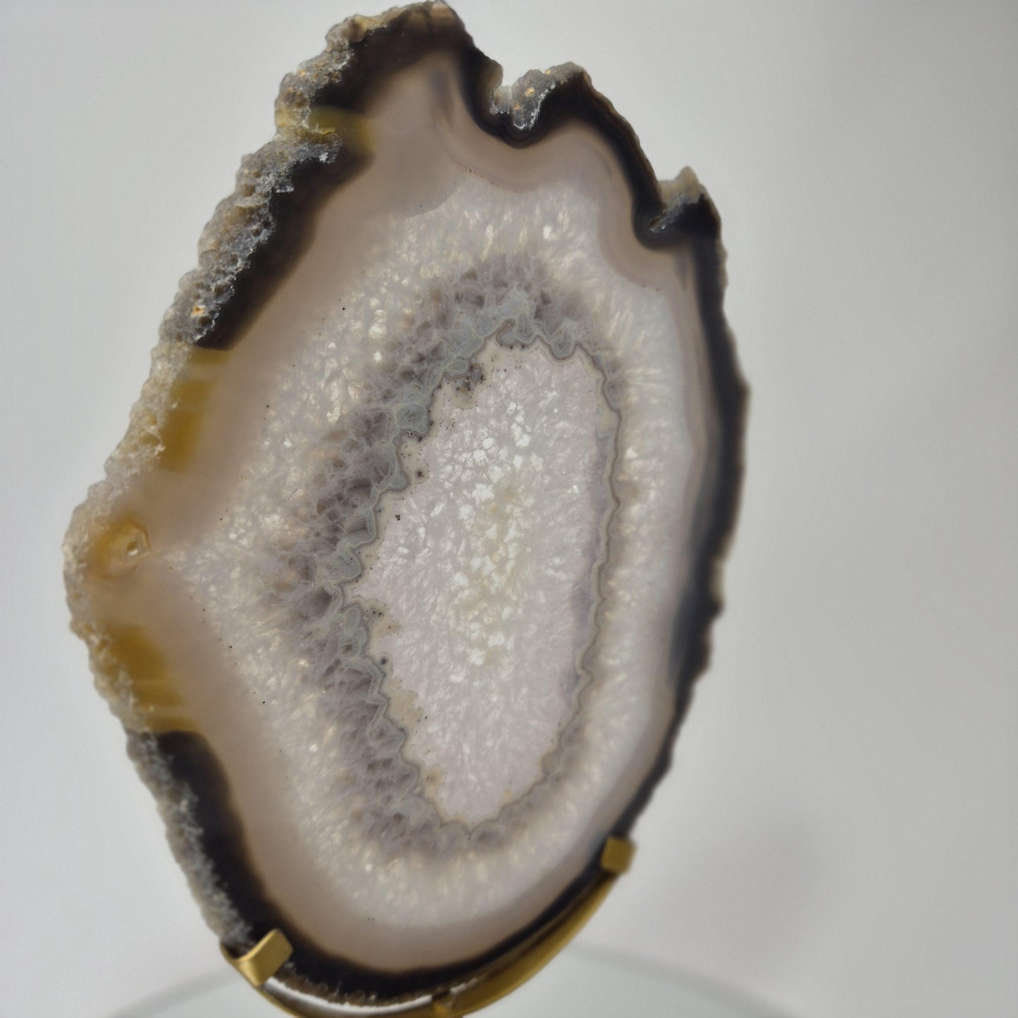 Clear Quartz Crystal with Banded Agate Slice on Stand, Translucent - Brazil Crystal Hoarder