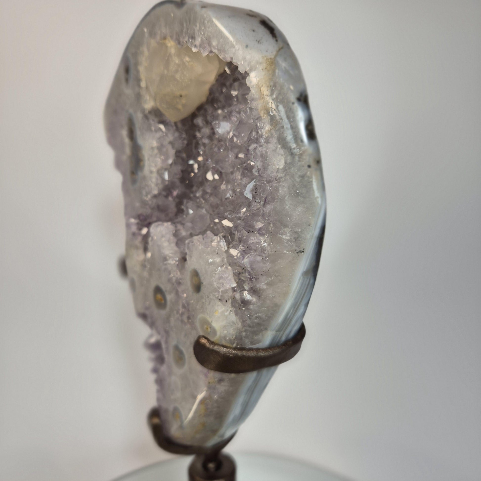 AAA+ Uruguay Amethyst with Stalactite Eyes, Large Calcite & Blue Banded Agate on Base - 13.5in Tall, 5.53 lb Statement Collector Specimen Crystal Hoarder