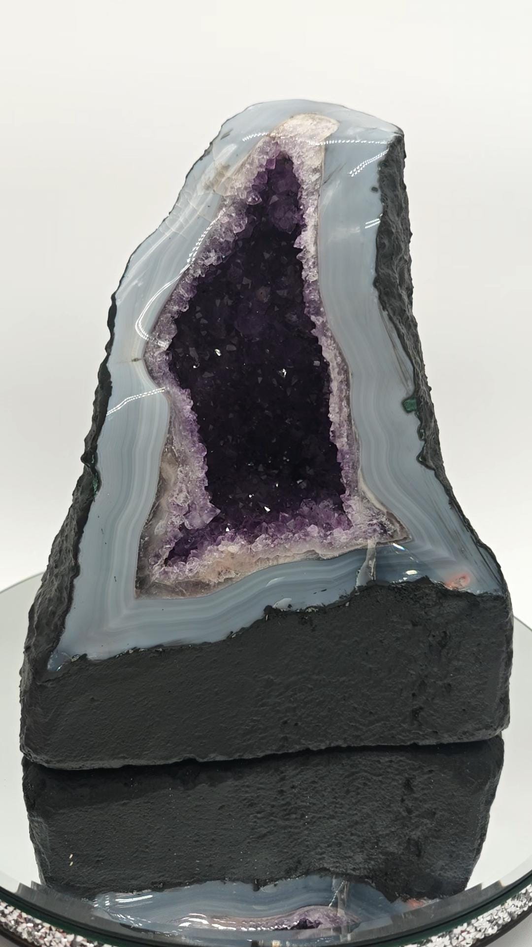 AAA+ Twisting Amethyst Cathedral with Blue Banded Agate Druzy - Brazilian Amethyst Geode - 11.93 lbs Crystal Hoarder
