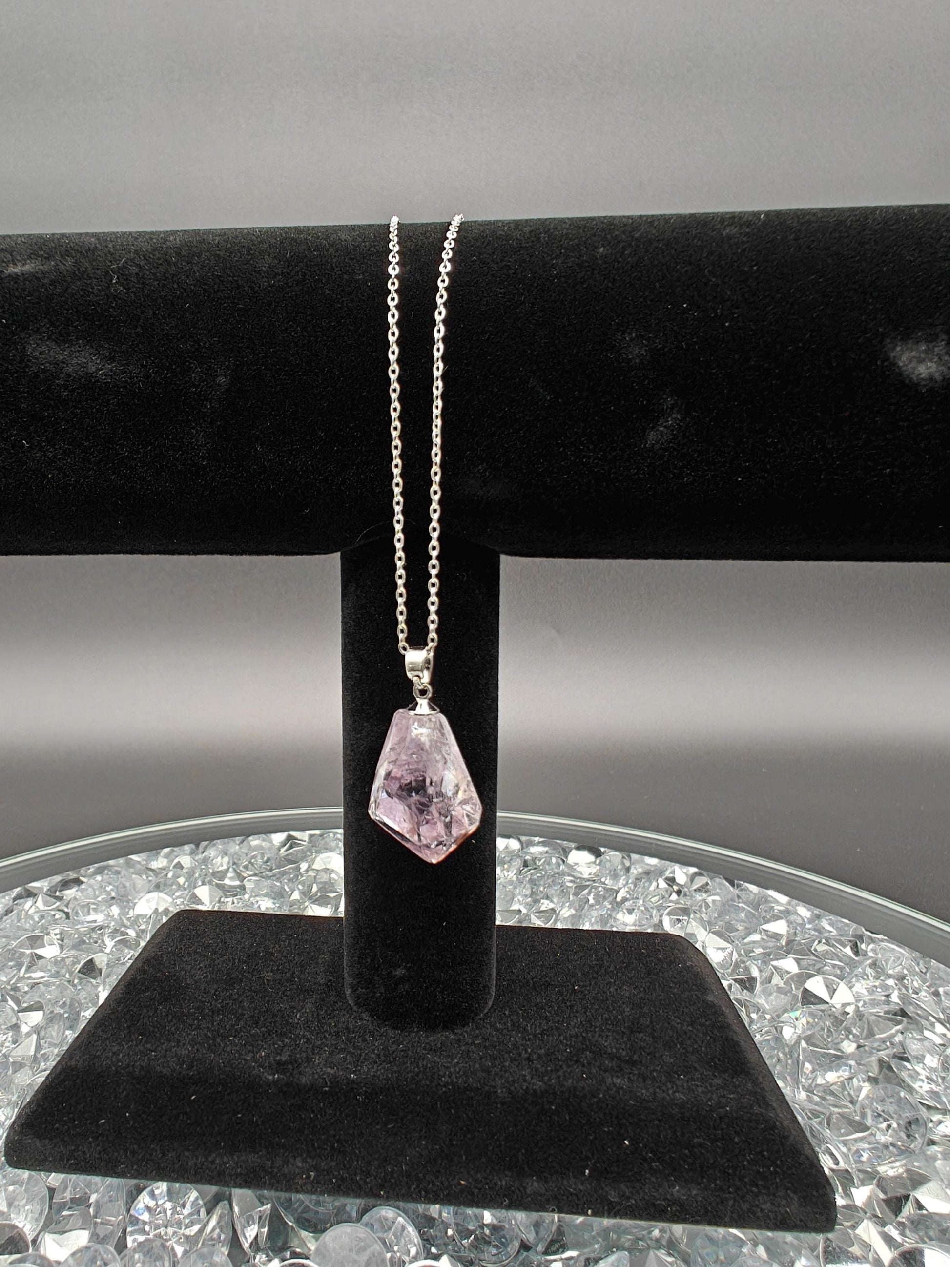 Rose de France Amethyst Necklace - Brazil Amethyst Pendant on Anti-Tarnish Stainless Steel Chain  - 9in Chain Crystal Hoarder