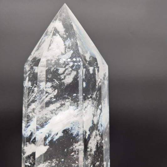 17.5in, 11.65 lbs- Clear Smelt Quartz Tower with White Cloud Inclusions - Man Made Quartz Obelisk - Optional LED Light Base Crystal Hoarder
