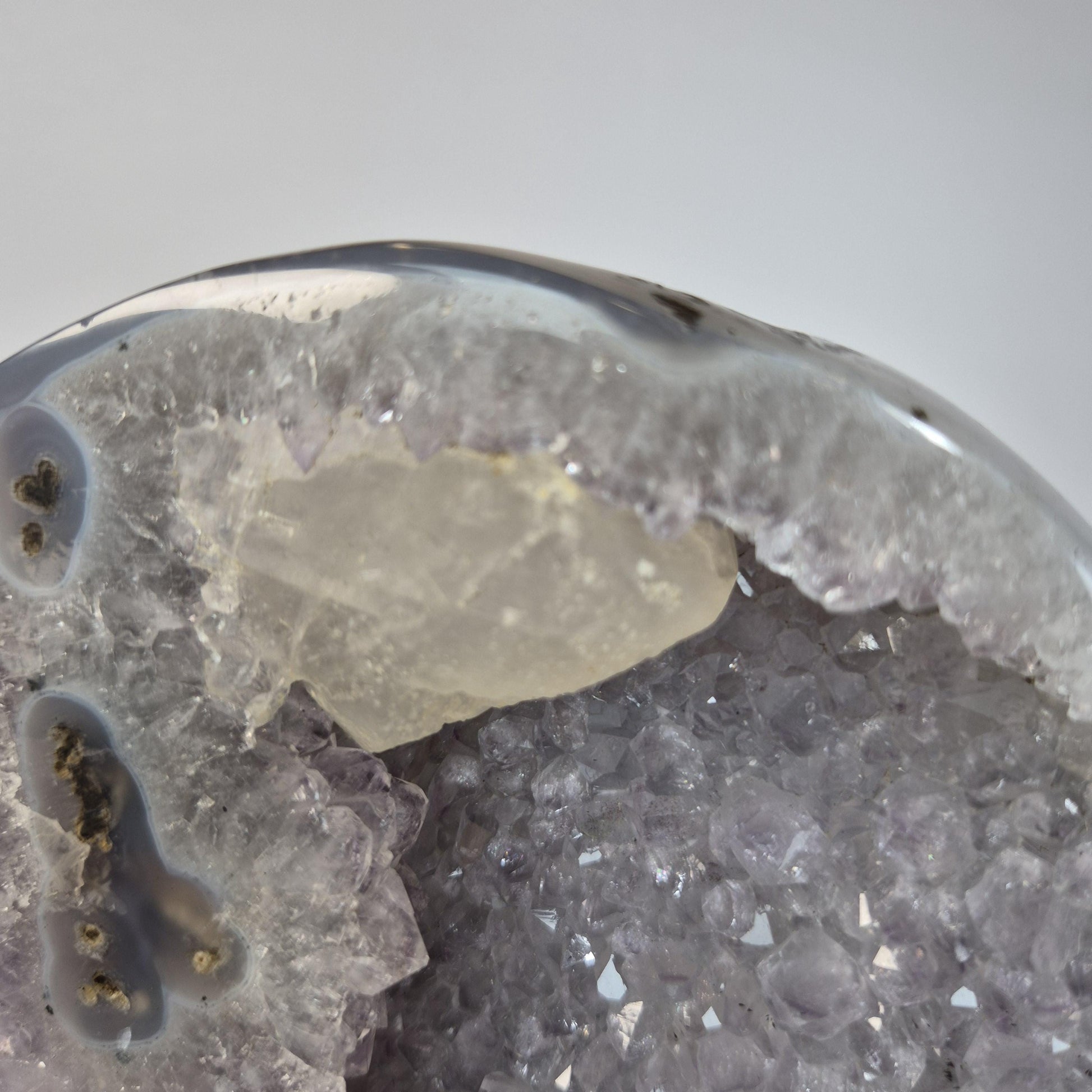 AAA+ Uruguay Amethyst with Stalactite Eyes, Large Calcite & Blue Banded Agate on Base - 13.5in Tall, 5.53 lb Statement Collector Specimen Crystal Hoarder