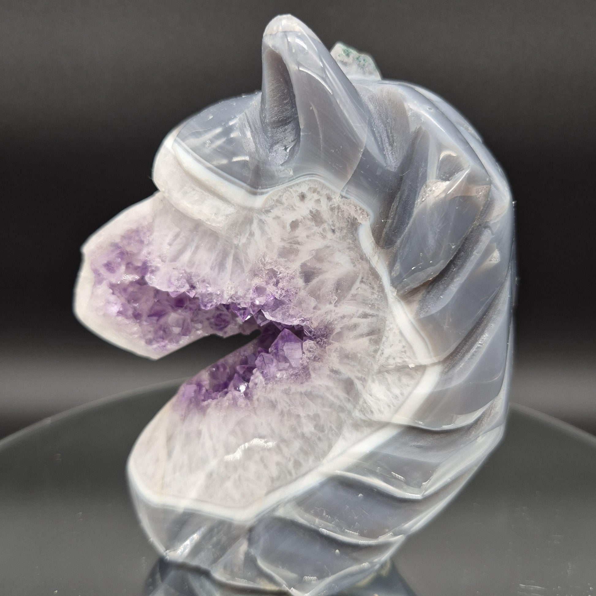 AAA+ Amethyst with Blue Banded Agate Hand-Carved Horse - Brazil - 6 x 5in - 3.35 lbs - Collector Display Crystal Hoarder