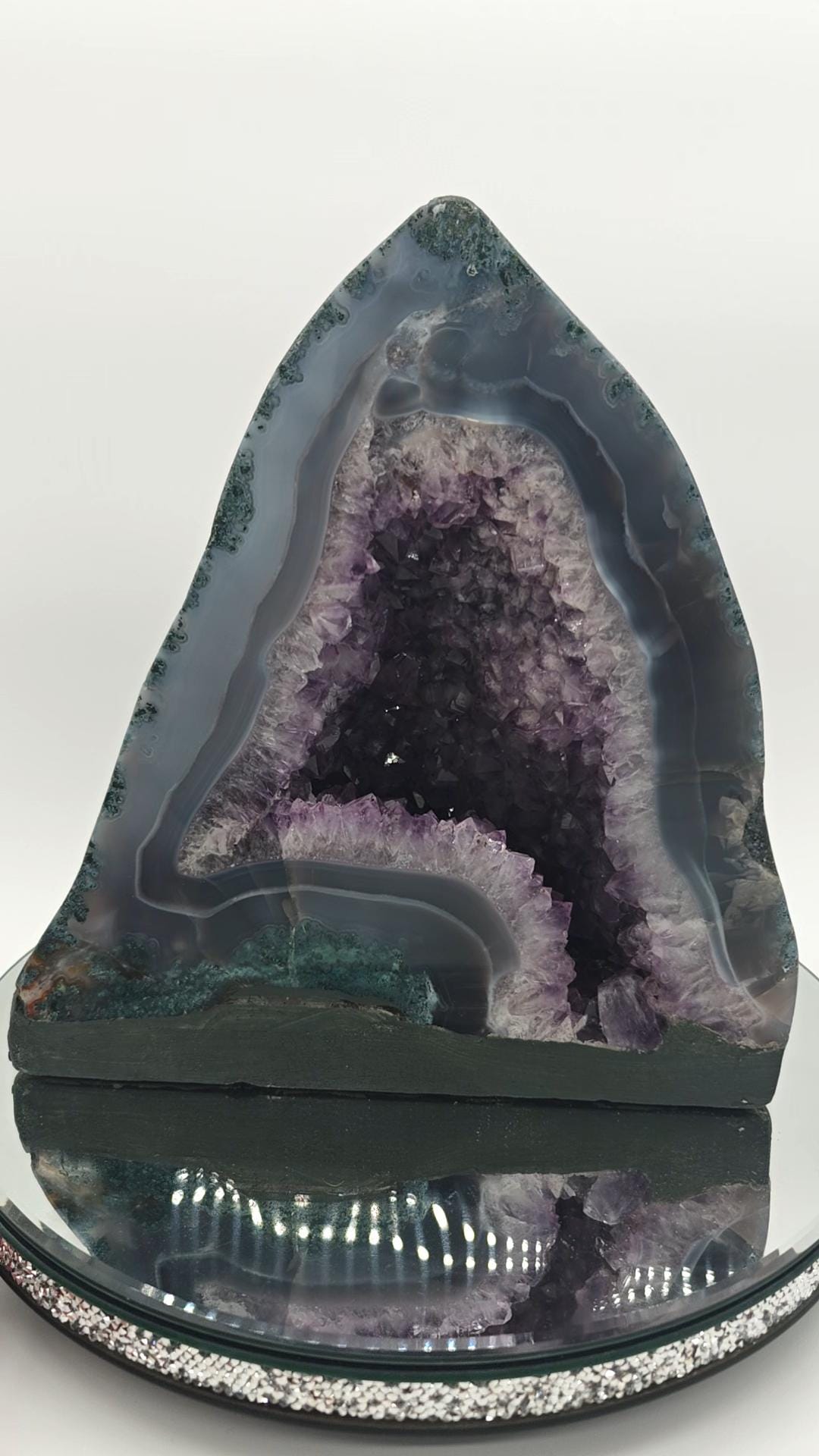 Rare Fully Polished Amethyst Cathedral with Flower Formation & Blue Banded Agate Crystal Hoarder