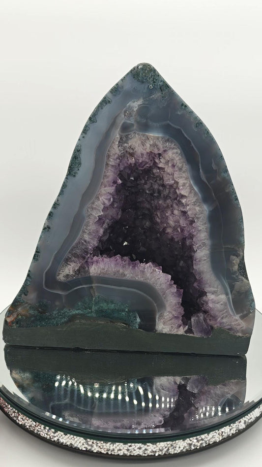 Rare Fully Polished Amethyst Cathedral with Flower Formation & Blue Banded Agate Crystal Hoarder