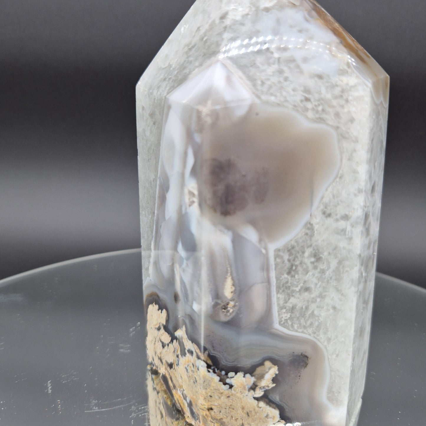 AAA+ Banded Agate Tower with Druzy Black Hematite & Quartz - 6 x 3.25in, 2.62 lbs - Brazilian Crystal, Healing Decor Crystal Hoarder