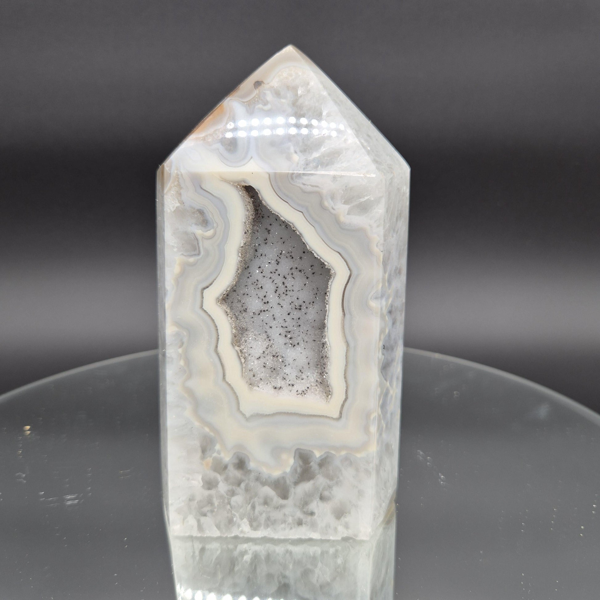AAA+ Banded Agate Tower with Druzy Black Hematite & Quartz - 6 x 3.25in, 2.62 lbs - Brazilian Crystal, Healing Decor Crystal Hoarder