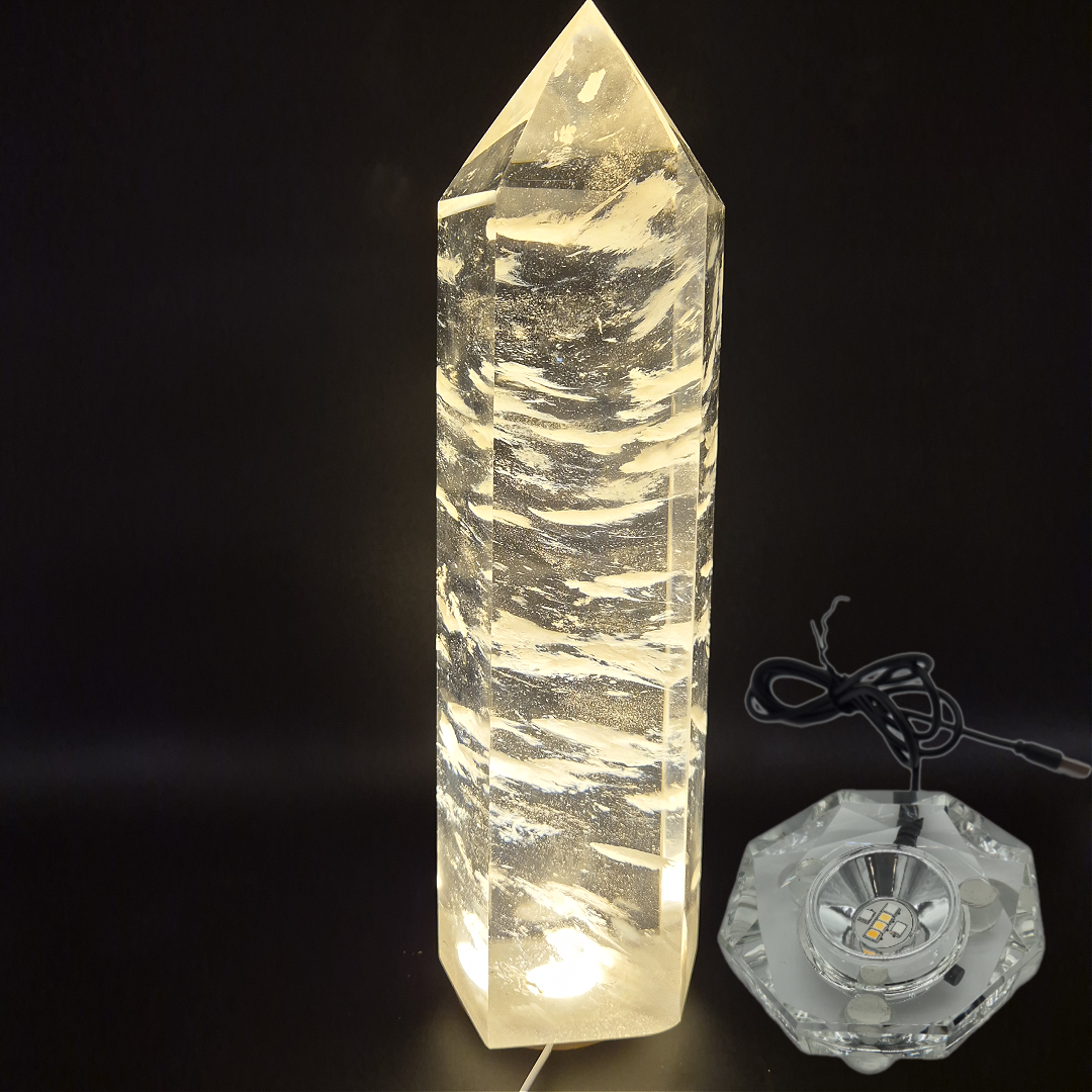 Huge Clear Quartz Tower with White Cloud Inclusions - Man Made Smelted Quartz - 20.79 lbs - 17in x 6in - Optional Light Base Crystal Hoarder