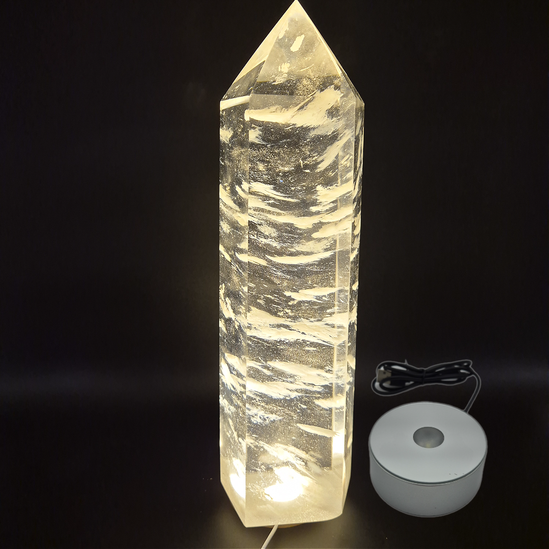 Huge Clear Quartz Tower with White Cloud Inclusions - Man Made Smelted Quartz - 20.79 lbs - 17in x 6in - Optional Light Base Crystal Hoarder