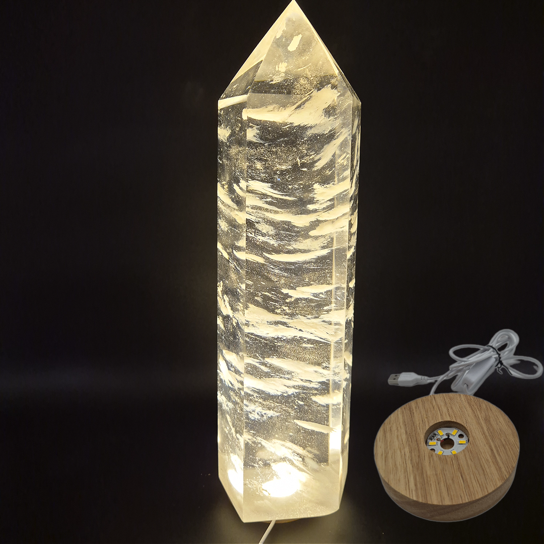 Huge Clear Quartz Tower with White Cloud Inclusions - Man Made Smelted Quartz - 20.79 lbs - 17in x 6in - Optional Light Base Crystal Hoarder