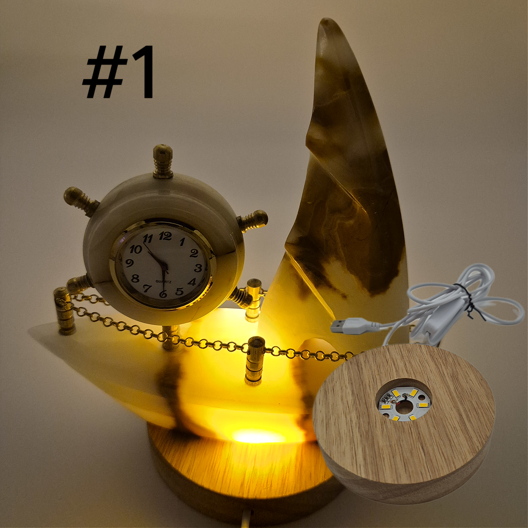 Onyx Sailboat Clock - Nautical Desk Decor - Luxury Crystal Clock - Optional Light-Up Base Crystal Hoarder