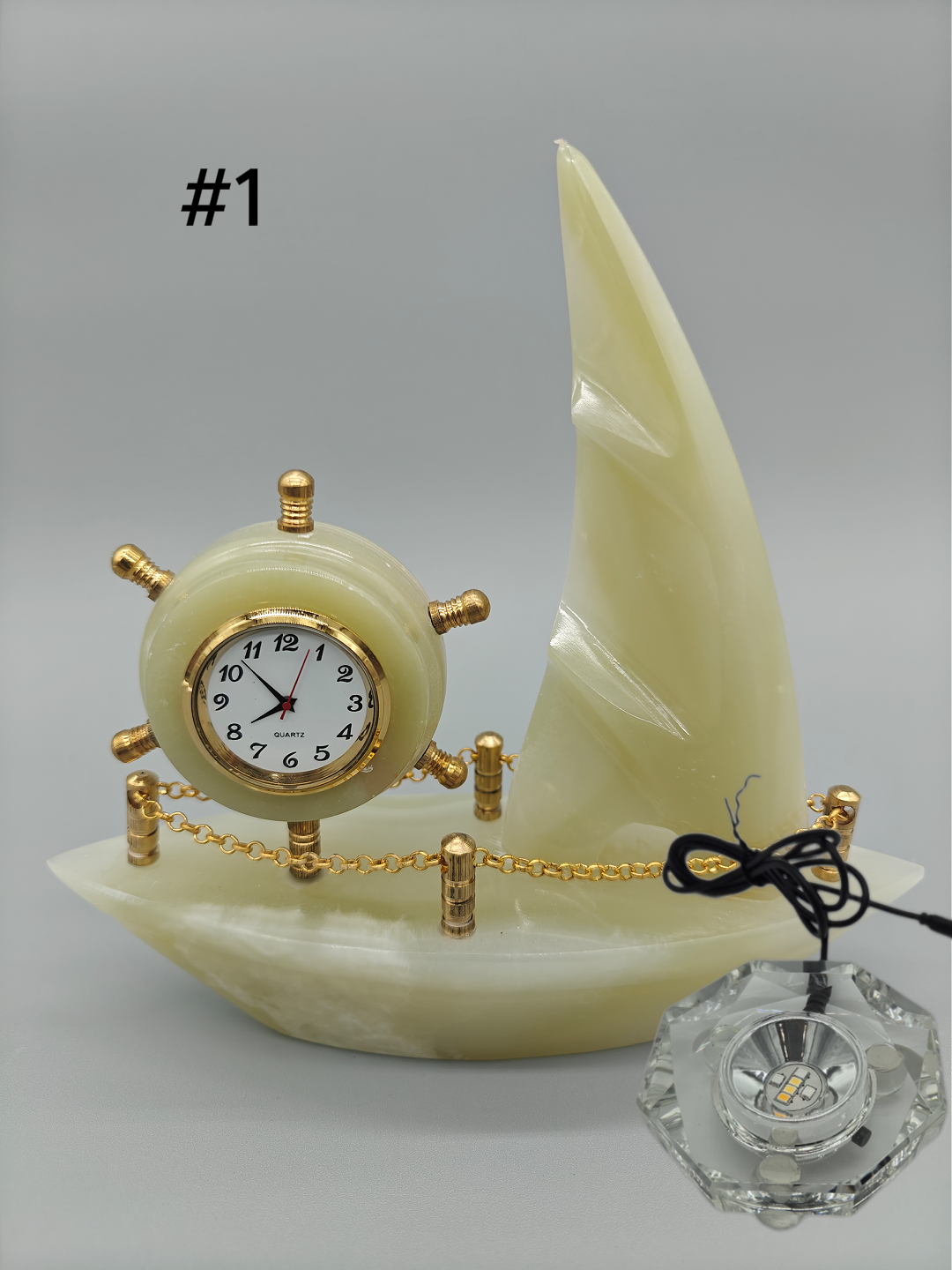 Onyx Sailboat Clock - Nautical Desk Decor, Luxury Crystal Timepiece with Optional light up base Crystal Hoarder