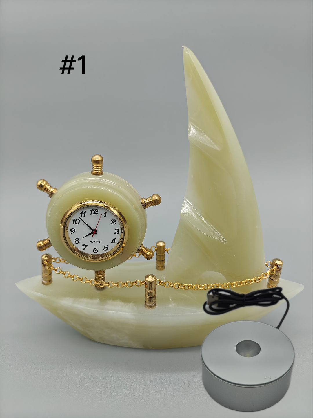 Onyx Sailboat Clock - Nautical Desk Decor, Luxury Crystal Timepiece with Optional light up base Crystal Hoarder