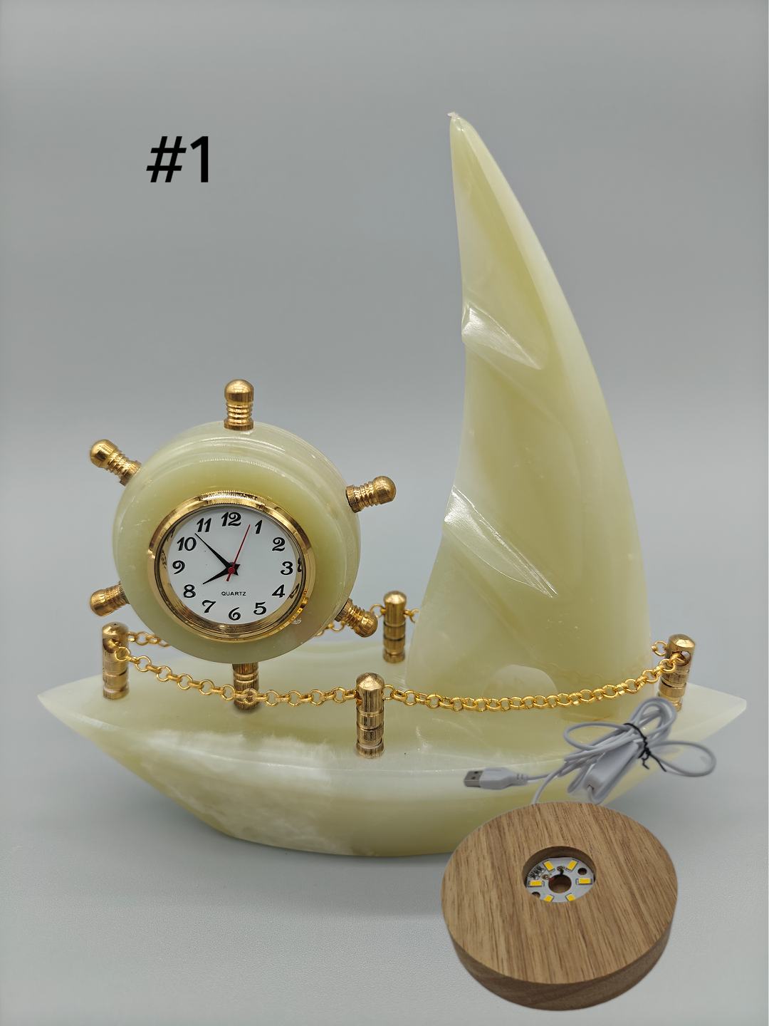 Onyx Sailboat Clock - Nautical Desk Decor, Luxury Crystal Timepiece with Optional light up base Crystal Hoarder