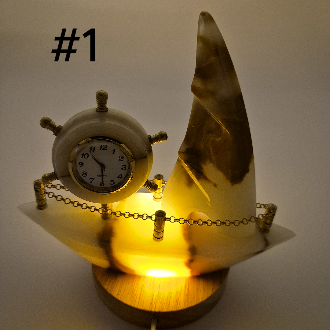 Onyx Sailboat Clock - Nautical Desk Decor - Luxury Crystal Clock - Optional Light-Up Base Crystal Hoarder