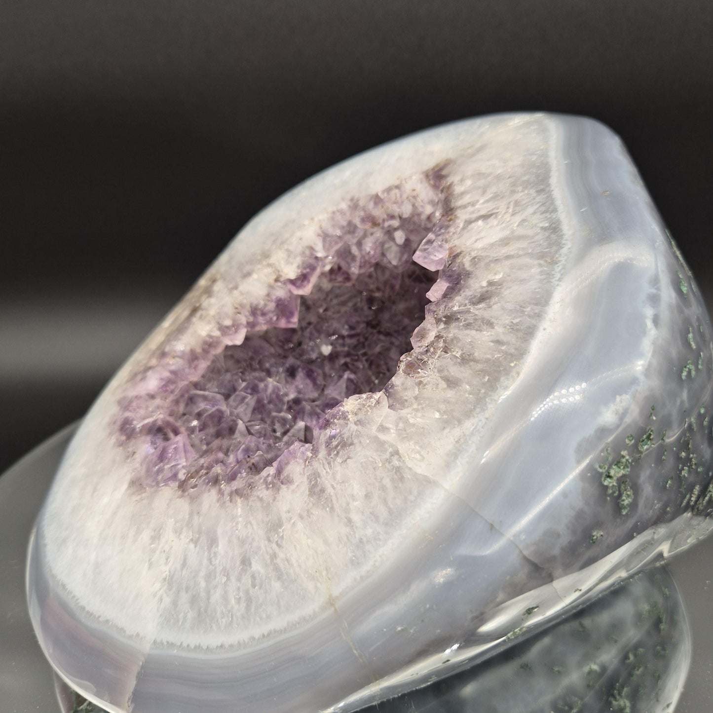 Fully Polished Amethyst with Blue Banded Agate Geode Head Hematite Calcite 12.41 lbs 9x9x7.5 Brazil Crystal Hoarder