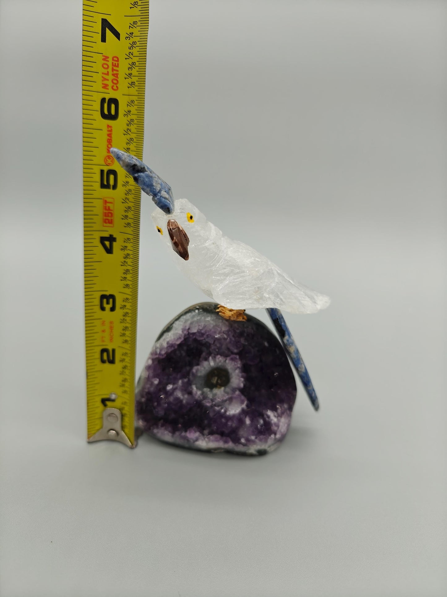 Hand Carved Clear Quartz Bird on Amethyst Base with Stalactite Eye | Sodalite & Jasper Inlay Crystal Hoarder