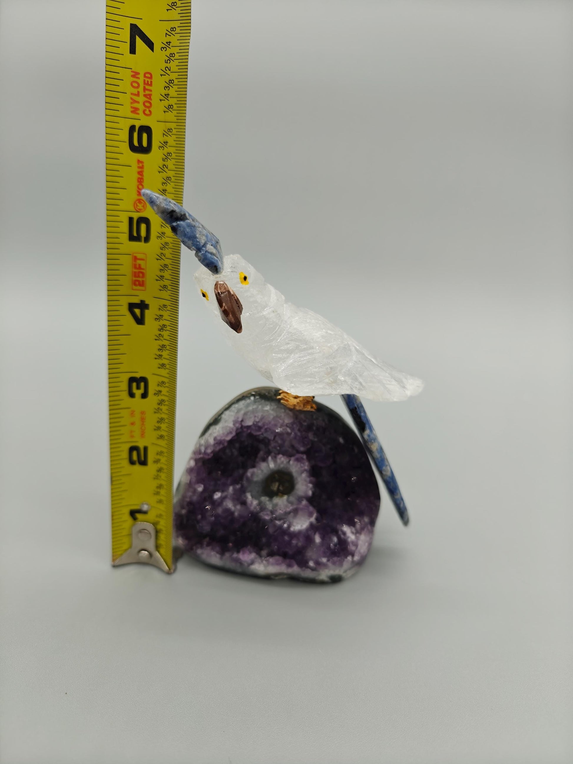 Hand Carved Clear Quartz Bird on Amethyst Base with Stalactite Eye | Sodalite & Jasper Inlay Crystal Hoarder