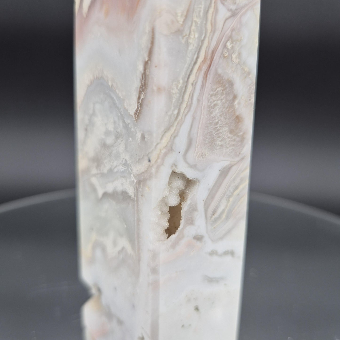 AAA+ Light Pink Crazy Lace Agate Tower with Druzy - 8 x 2in, 1.33 lbs - Natural Crystal Display, Collector Specimen Crystal Hoarder